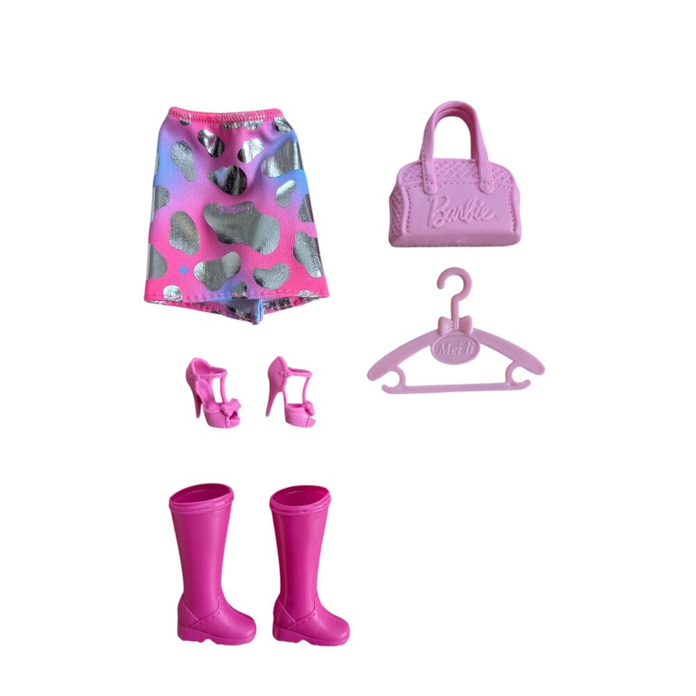 New Barbie Doll Shimmer Pink Cutie Reveal Skirt Shoes Boots & Hanger